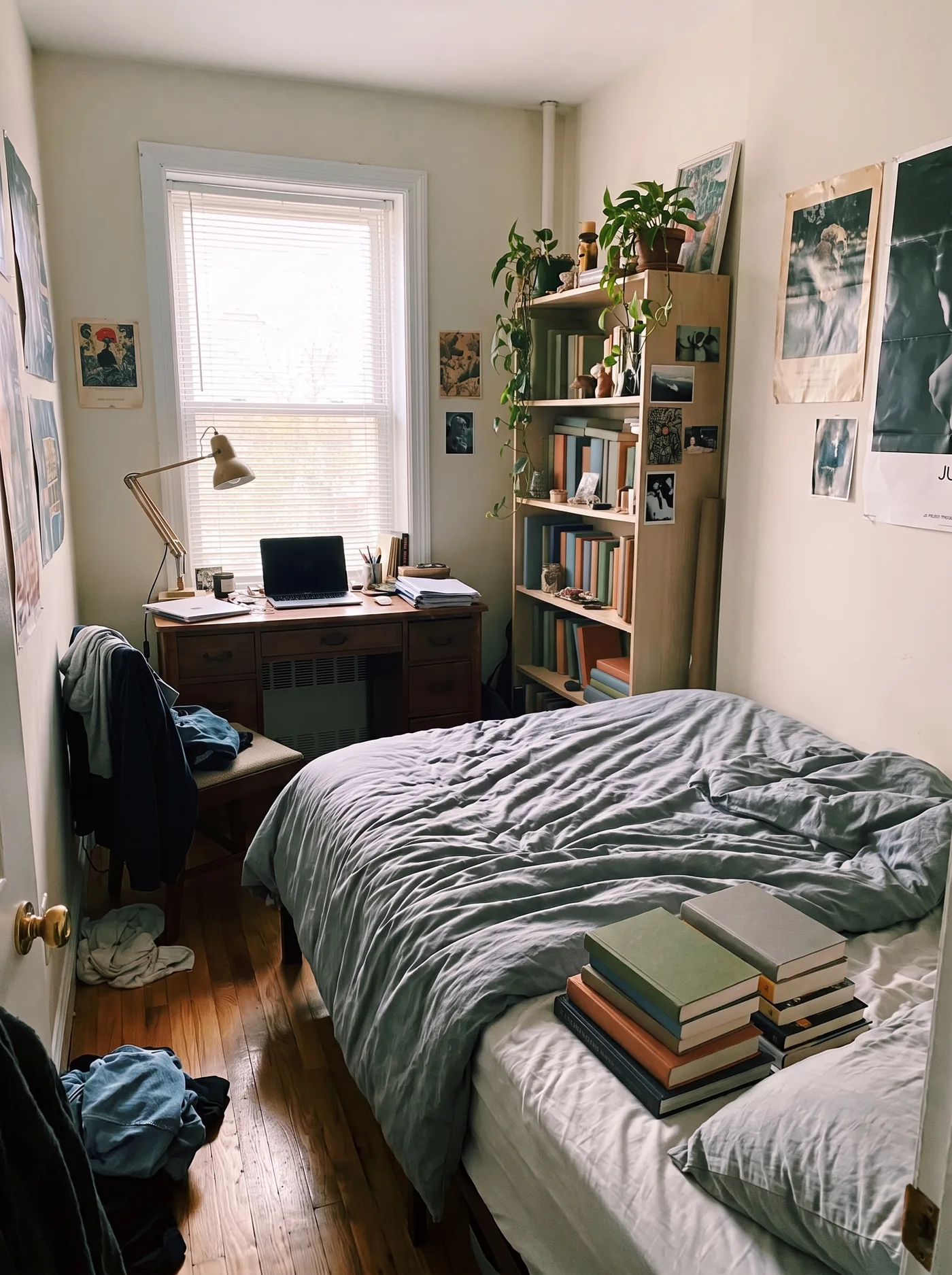 A cluttered student bedroom with a wooden desk and a grey duvet